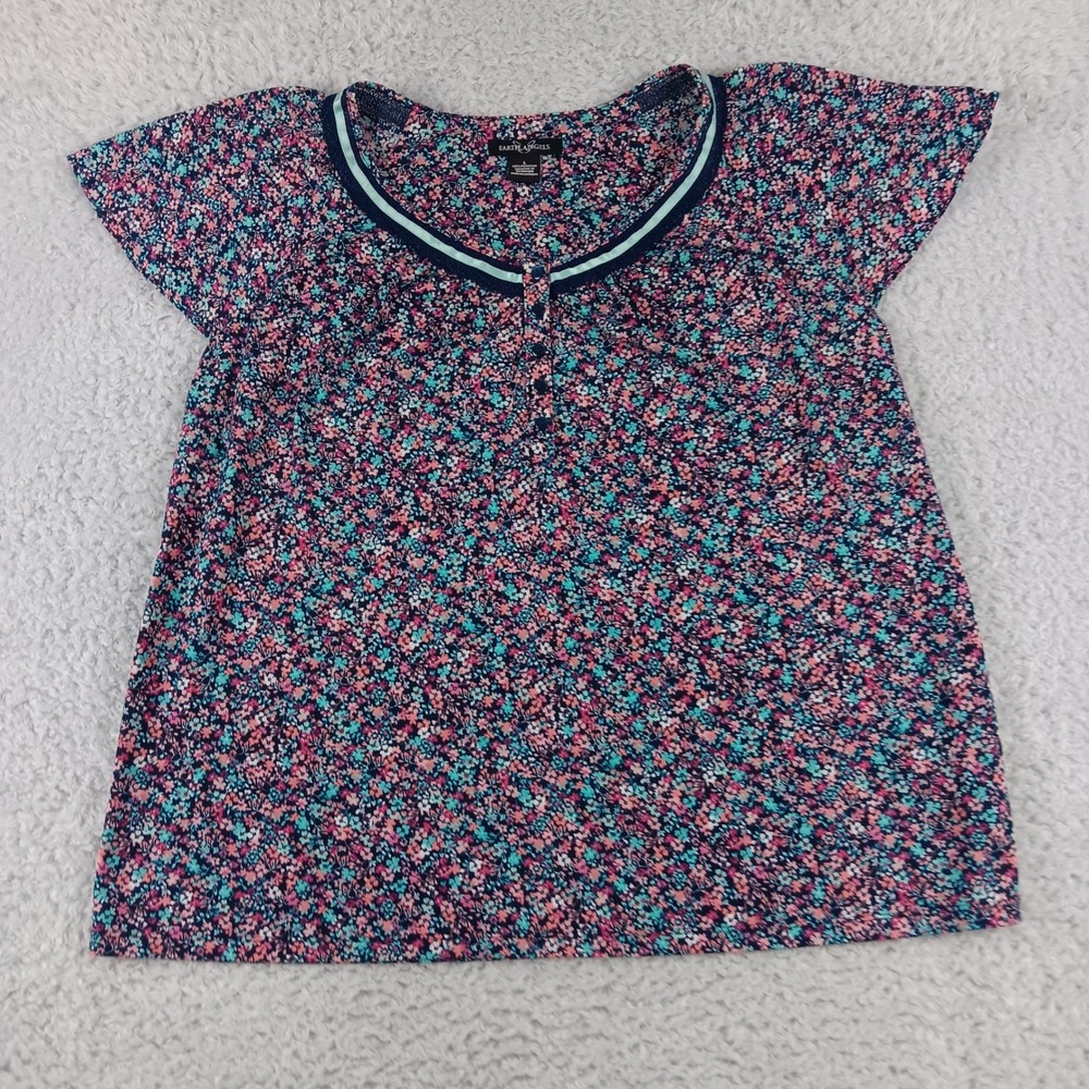 Earth Angels Womens‎ Floral Scoop Neck Blouse Navy Pink Teal L X113796